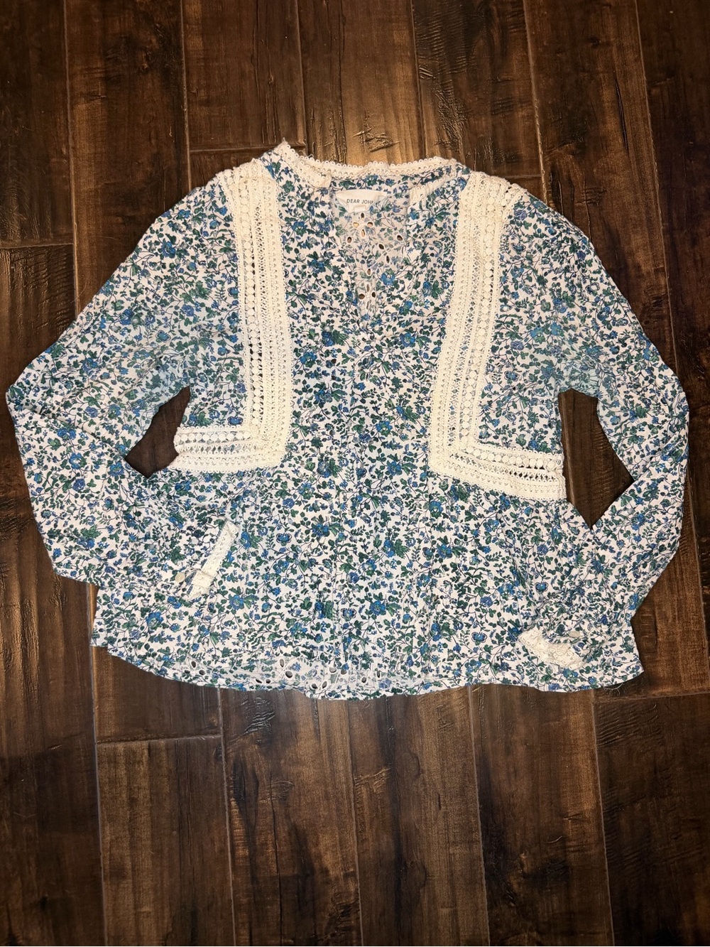 Dear John Floral Eyelet Crochet Lace Peplum Blouse Blue Green White Cotton S